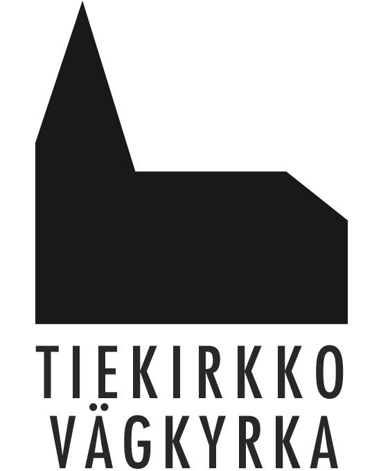 Tiekirkko logo, jossa musta kirkon sivukuva
