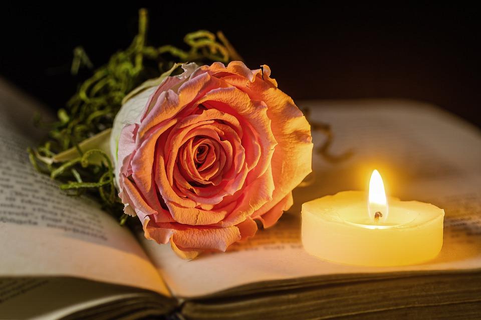 Kirjan päällä ruusu ja kynttilä
