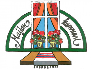 Maijan kammarin logo, jossa Pelargonioita kaitaliinan päällä ikkunan edessä