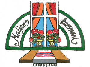 ;Maijan kammarin logo punaisia pelargonioita kaitaliinan päällä