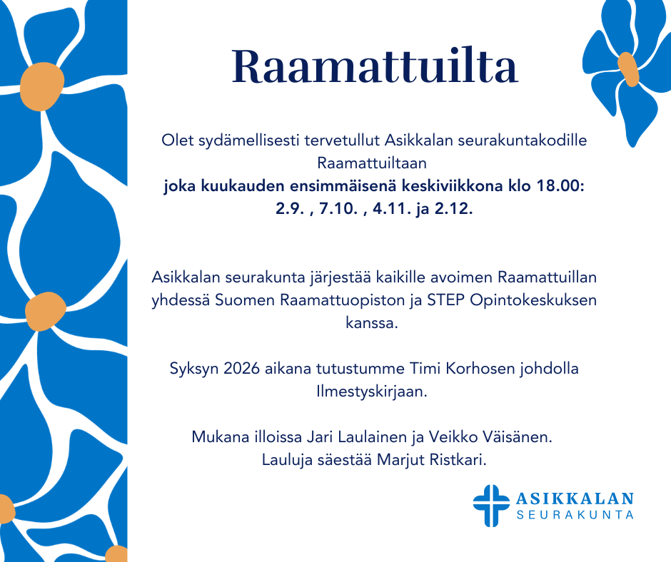 raamattuilta seurakuntakodilla joka kuukauden ensimmäisenä keskiviikkona klo 18